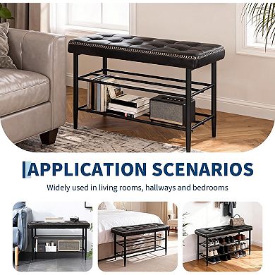 Mid-Century Shoe Rack Bench, 3-Tier Storage with Cushion for Hallway Living Room