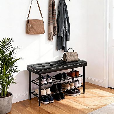 Mid-Century Shoe Rack Bench, 3-Tier Storage with Cushion for Hallway Living Room