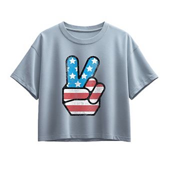 Girls 7-16 USA Flag Peace Sign Boxy Tee