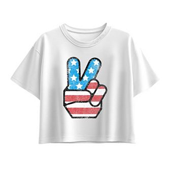 Girls 7-16 USA Flag Peace Sign Boxy Tee