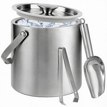 3L Double-Wall Ice Bucket 304 Steel Lid Scoop Tongs Bar Party