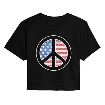 Juniors' Peace Sign USA Flag Cropped Tee