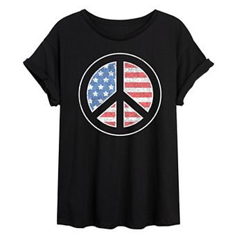 Juniors' Peace Sign USA Flag Oversized Tee
