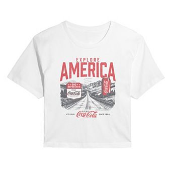 Juniors' Coca-Cola Explore America Distressed Cropped Tee