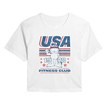 Juniors' Garfield USA Fitness Club Distressed Cropped Tee