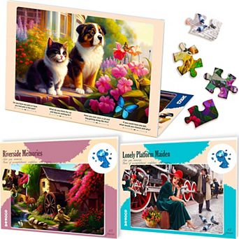 QUOKKA Set of 3 Dementia Jigsaw Puzzles of 63 pc River, Train & Pets Alzheimers Puzzle for Elderly