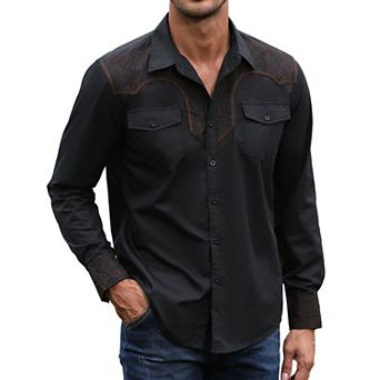 Men's Western Cowboy Shirt Long Sleeve Embroidered Casual Button Down Work Shirt with Pockets