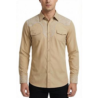 Men's Western Cowboy Shirt Long Sleeve Embroidered Casual Button Down Work Shirt with Pockets