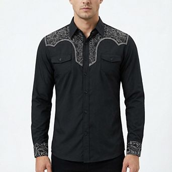 Men's Western Cowboy Shirt Long Sleeve Embroidered Casual Button Down Work Shirt with Pockets