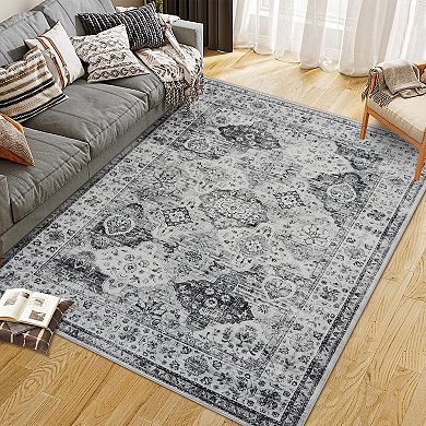 Vintage Floral Print Rug Classic Distressed Design, Non-Slip & Thin, Perfect for Indoor Use