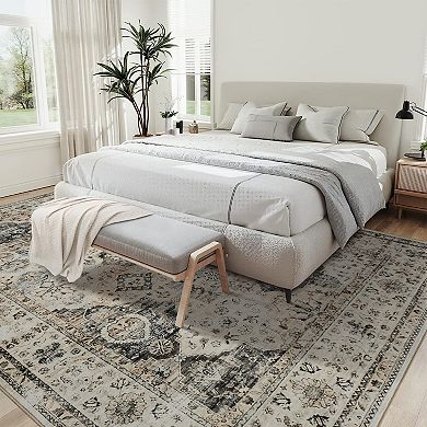 Vintage Floral Print Rug Classic Distressed Design, Non-Slip & Thin, Perfect for Indoor Use