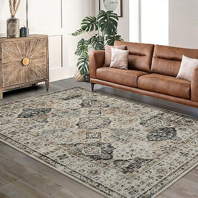 Vintage Floral Print Rug Classic Distressed Design, Non-Slip & Thin, Perfect for Indoor Use