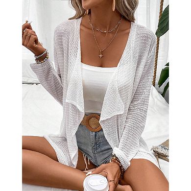 Women's Lightweight Open Front Crochet Cardigan Sweater Rib Knit Long Sleeves Coats
