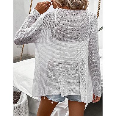 Women's Lightweight Open Front Crochet Cardigan Sweater Rib Knit Long Sleeves Coats