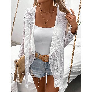 Women's Lightweight Open Front Crochet Cardigan Sweater Rib Knit Long Sleeves Coats