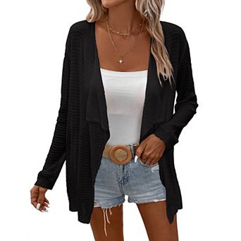 Women's Lightweight Open Front Crochet Cardigan Sweater Rib Knit Long Sleeves Coats