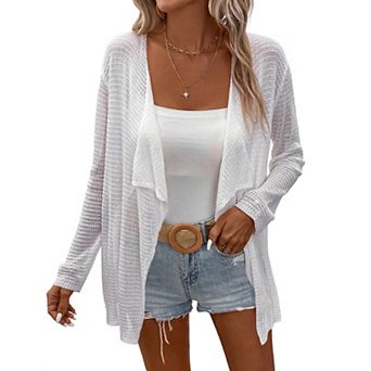 Women's Lightweight Open Front Crochet Cardigan Sweater Rib Knit Long Sleeves Coats