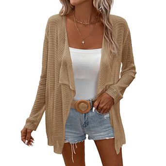 Women's Lightweight Open Front Crochet Cardigan Sweater Rib Knit Long Sleeves Coats
