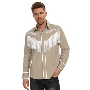 Men's Western Cowboy Fringe Long Sleeve Shirts Embroidered Slim Fit Casual Button Down Shirts