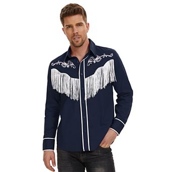 Men's Western Cowboy Fringe Long Sleeve Shirts Embroidered Slim Fit Casual Button Down Shirts