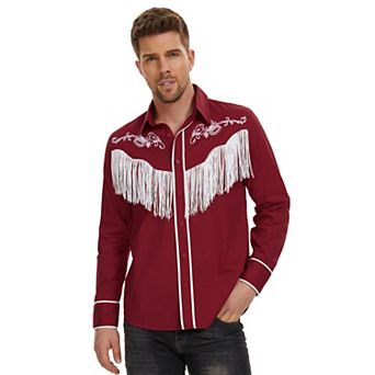 Men's Western Cowboy Fringe Long Sleeve Shirts Embroidered Slim Fit Casual Button Down Shirts