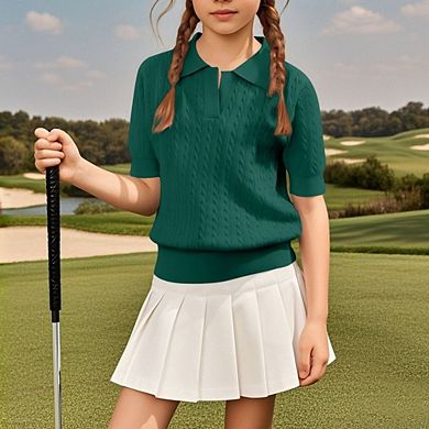 Girls Short Sleeve Sweaters Children Collared Cable Knit School Style Pullover Sweaters