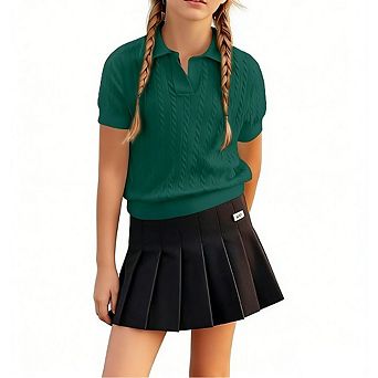 Girls Short Sleeve Sweaters Children Collared Cable Knit School Style Pullover Sweaters