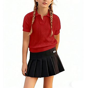 Girls Short Sleeve Sweaters Children Collared Cable Knit School Style Pullover Sweaters