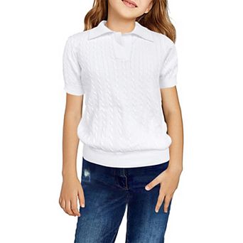 Girls Short Sleeve Sweaters Children Collared Cable Knit School Style Pullover Sweaters