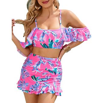 Women's 2 pc Swimsuit Ruffle Swim Top with Skirt High Waisted Beach Bathing Suit