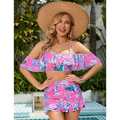 Women's 2 Piece Swimsuit Ruffle Swim Top with Skirt High Waisted Beach Bathing Suit