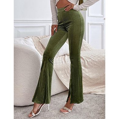 Women's Corduroy Elastic High Waist Front Split Ribbed Casual Pants