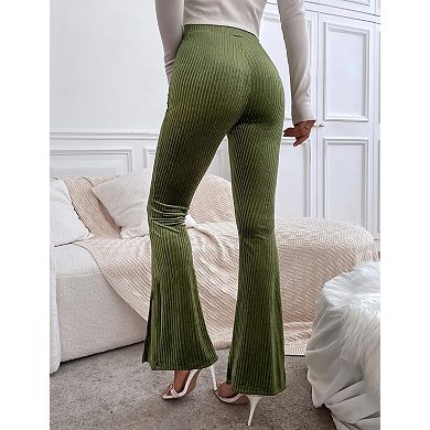 Women's Corduroy Elastic High Waist Front Split Ribbed Casual Pants