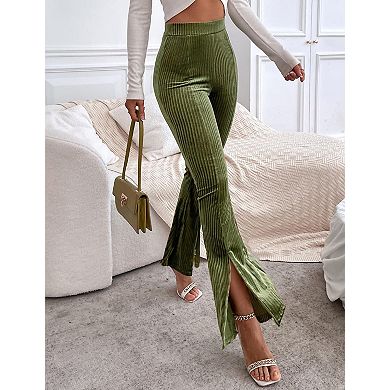 Women's Corduroy Elastic High Waist Front Split Ribbed Casual Pants