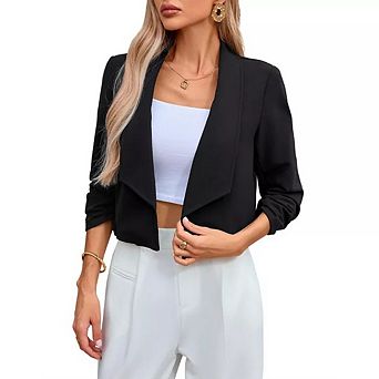 Women's Casual Blazer 3/4 Open Front Work Office Crop Cardigan Suit Jackets
