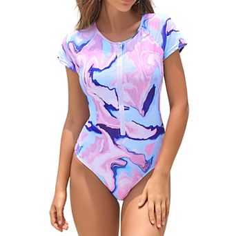 Women One Piece Swimsuit Rash Guard Zip Front Bathing Suit Short Sleeves Swimwear