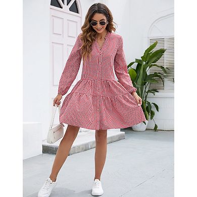 Women's Button Front Ruffle Hem Shirred Long Sleeve V-Neck Vintage Elegant Dresses