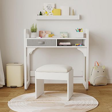 Wooden Study Desk and Chair Set with Spacious Cloth Drawers and Built-in Pen Holder
