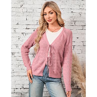 Women Tie Front Cardigan Lightweight Crochet Hollow Out Long Sleeve Summer Cardigans