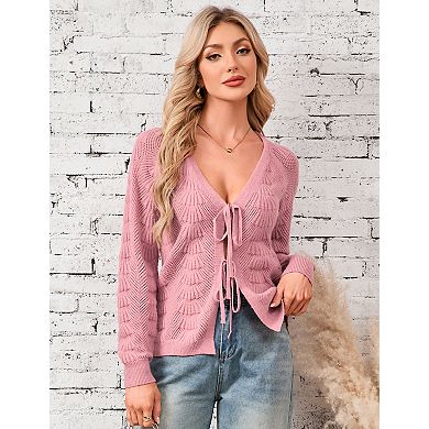 Women Tie Front Cardigan Lightweight Crochet Hollow Out Long Sleeve Summer Cardigans