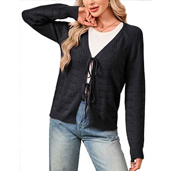 Women Tie Front Cardigan Lightweight Crochet Hollow Out Long Sleeve Summer Cardigans