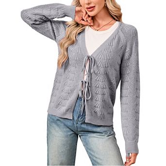 Women Tie Front Cardigan Lightweight Crochet Hollow Out Long Sleeve Summer Cardigans