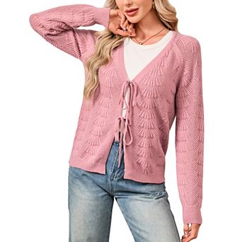 Women Tie Front Cardigan Lightweight Crochet Hollow Out Long Sleeve Summer Cardigans