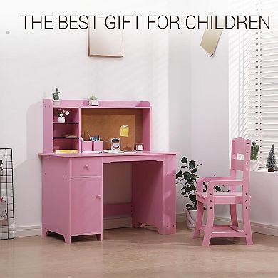 Wooden Office Chair Set for Children with Storage Cabinet & Drawers, Children's Table