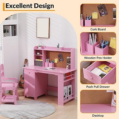 Wooden Office Chair Set for Children with Storage Cabinet & Drawers, Children's Table