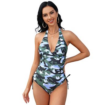 Women One Piece Swimsuit Deep V Neck Side Tied Bathing Suit Swimwear Beachwear