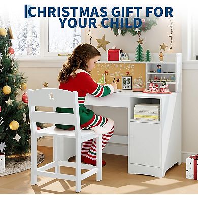Wooden Study Desk with Chair, Complete Desk & Chair Set with Hutch and Storage Cabinet