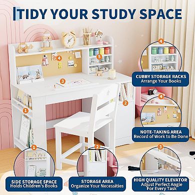 Wooden Study Desk with Chair, Complete Desk & Chair Set with Hutch and Storage Cabinet