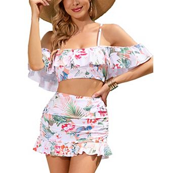 Women's 2 pc Swimsuit Ruffle Swim Top with Skirt High Waisted Beach Bathing Suit