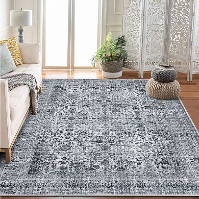 Area Rug Floral Washable Living Room Non-Slip Low-Pile Rugs Kitchen